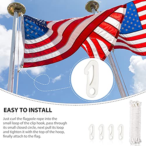Flag Rope 50 Feet Flag Pole Halyard Rope And Clips Kit 4 Pieces Nylon Flag Pole Hook Clips Snap Hooks, Flag Pole Halyard Rope For Flagpoles Up To 25 Feet, Tie Pull Swing Climb And Knot (15M, White) #TOP4