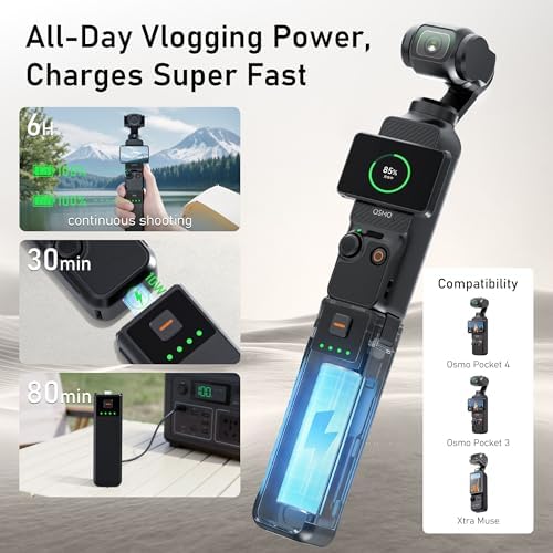 CYNOVA Osmo Pocket 4 Battery Handle for DJI Osmo Pocket 4 Accessories, Pocket 4 Battery Grips Compatible with DJI Pocket 3/Xtra Muse, 5000mAh 22.5W Fast Charging Power and Reserved 1/4”Thread - 1