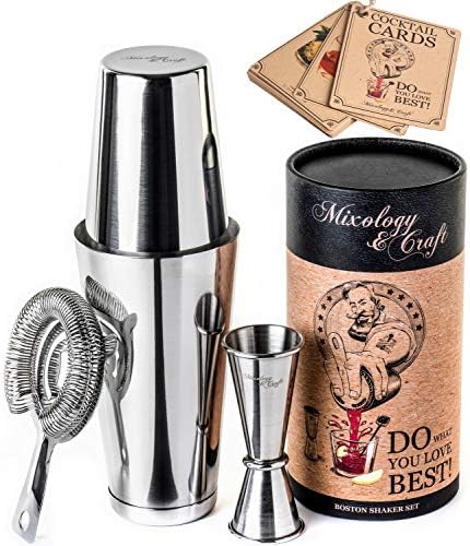 Mixology Cocktail Shaker Boston Shaker Set Professional Weighted Martini Shakers, Strainer and Japanese Jigger, Portable Bar Set for Drink Mixer Bartending, Exclusive Recipes Cards (Silver)