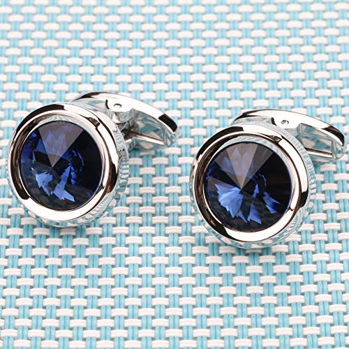 Dannyshi Mens Crystal Cufflinks Dark Blue, Grey, Light Yellow Shirt Cuff Links With Gift Box (Round Dark Blue) #TOP3