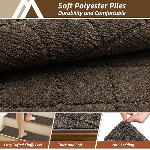 Image of COSY HOMEER Edging Stair Treads Non-Slip Corner Indoor Stair Runners for Wooden Steps,Landing Slip Resistant Stair Rugs for Kids and Dogs, 100% Polyester TPE Backing,Brown,20 inchX32 inch