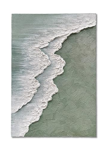 Limiyer Art Hand-Painted White and Green Gradient Wavy Texture Abstract Oil Painting, 40x28-inch Canvas Oil Painting for Living Room, Corridor and Office Wall Decoration Art