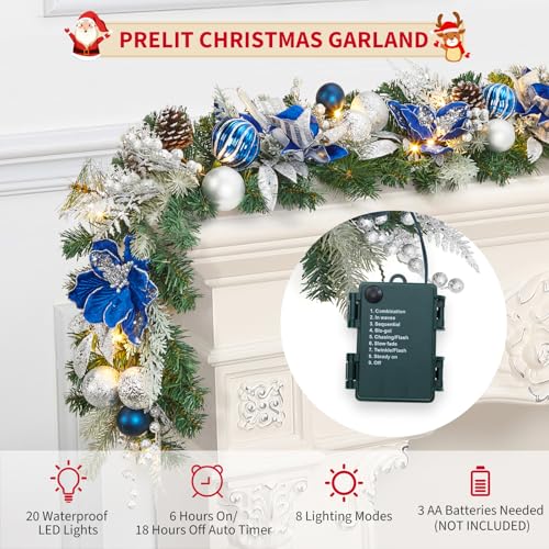 GarveeHome 6ft Christmas Garland with 20 LED Lights, Prelit Xmas Garland for Mantle with Timer Blue Silver Balls, 8 Lighting Modes, for Indoor Outdoor Fireplace Stairs Railing Decorations
