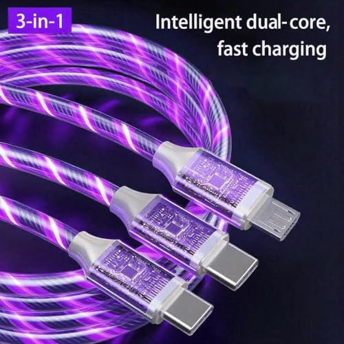 Image of 3 Combinations Multi Ports USB Charger Cable A to Micro USB /Type C PD Fast Charging Cord Light Up LED Current to be a Night Light Compatible with Most of Devices-39 inches Purple.