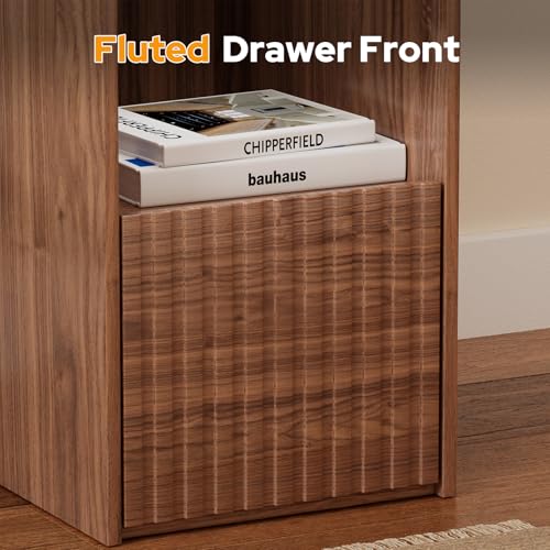 Image of Eongdon Fluted Nightstand Set of 2, Mid Century Modern End Table with 2 Drawers and Open Storage, 11.7 inch W Narrow Bedside Table Organizer, Wood-Like Walnut Finish Compact Night Stand for Bedroom, Sofa
