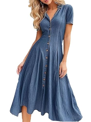 Suncolour Women's Summer Long Denim Dress Button Down Short Sleeve Flowy Jean Dress Loose Casual Denim Shirt Dress