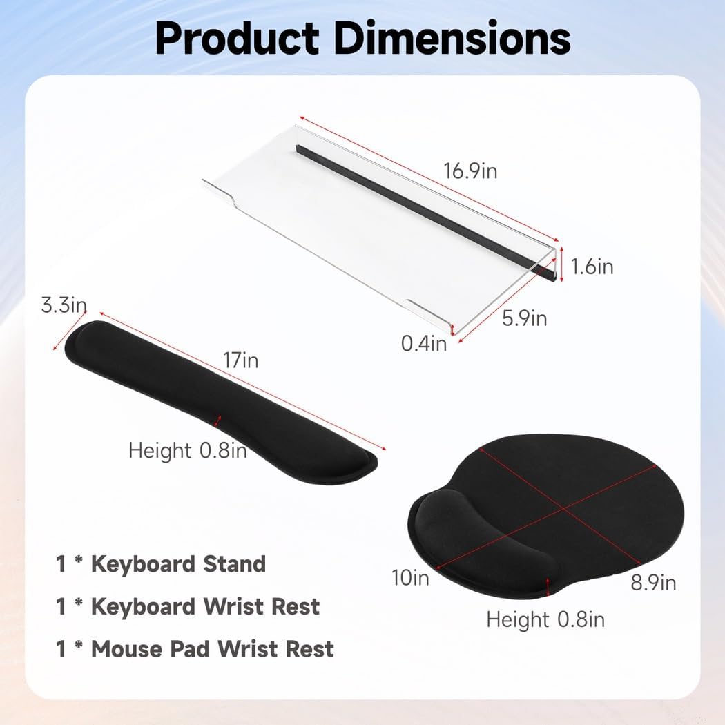 Elevated Keyboard Stand with Wrist Rests Set, 3 Pieces, Ergonomic Memory Foam Mouse Pad and Keyboard Support, Non-Slip Acrylic Riser for Typing Comfort