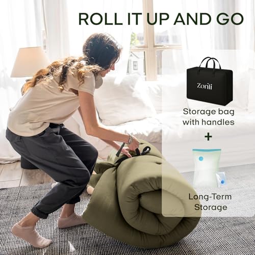 Image of ZonLi Japanese Floor Futon Mattress Full Size 75 inchx 54 inch, 100% Cotton Cover 2.5'' Thicken Tatami Mattress, Foldable Sleeping Pad, Portable Dormitory Tatami Mat, Roll Up Floor Lounger Bed for Adult
