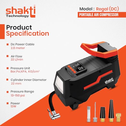 Image of Shakti Technology Regal DC - Digital Portable Tyre Inflator for car and bike - Digital Portable Air Compressor 12V DC for Car - Max Pressure 3-150PSI - Air Flow 22L /Min