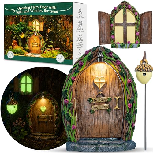 Opening Fairy Door and Window with Light Fairy Doors for Trees Outdoor Fairy Door Fairy House Kit Fairy Garden Decor Fairy Doors Fairy Garden Decor Fairy Garden Decorations Garden Fairy