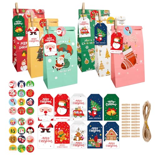 POPOYU Weihnachtskalender zum Befüllen,Adventskalender Papiertüten,2024 Adventskalender zum Befüllen Kinder,Weihnachts-Countdown-Adventskalender-Set,DIY Adventskalender für Kinder Weihnachten Party