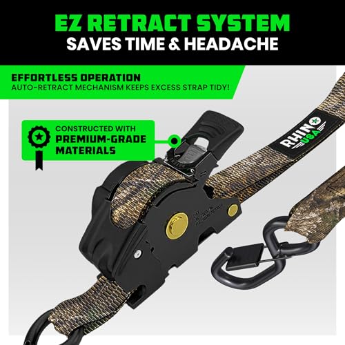 Image of Rhino USA x Realtree Retractable Ratchet Straps (4PK) 1 inchx 9' (1,209lb Break Strength)- Heavy Duty Auto Self Retracting Tie Down Straps for Truck, Cargo Trailer, Motorcycle, ATV, UTV- Realtree APX Camo
