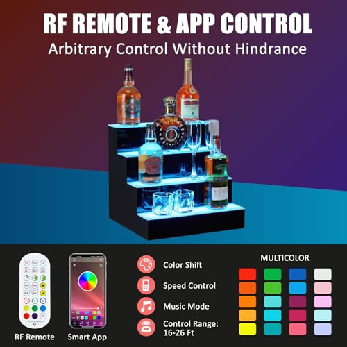 LED Liquor Bottle Display Shelf, 4 Tier 16 Inch Bar Display Shelf, Acrylic Wine Rack with Remote & App Control, 16 Static Colors ,1-4 H Timing, Bottle Stand Multi-Color Lighting Modes for Bars