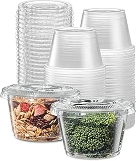 100 X Reusable Plastic Sauce POTS with LIDS [100 Sets, 1oz, 2oz & 4oz] Round DIP Small Food CONTAINERS for mini cheesecake Takeaway DIP Deli Microwave Freezer Safe (2oz)