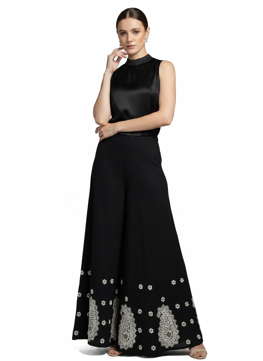 Women's Black Cotton Chikankari Palazzo | Hand Embroidered Ethnic Bottom-picture-36
