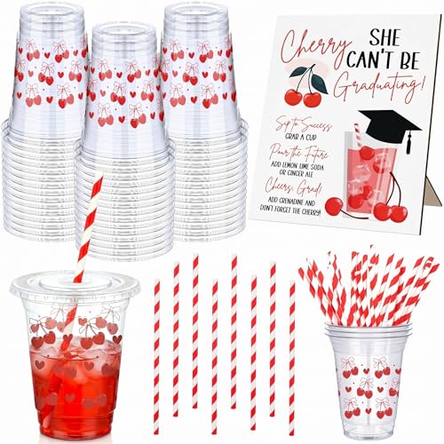 Domensi 30set /61 Pcs 2026 Graduation Shirley Temple Bar Supplies Include 1 Pcs Wooden Shirley Bar Sign 30pcs 12oz Cherry Bow Plastic Cups with Lids for Graduation Wedding Birthday Party Supplies