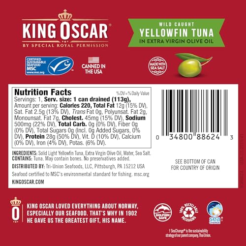 Image of King Oscar Yellowfin Tuna in Extra Virgin Olive Oil, 5 Ounce Cans (Pack of 6), Wild Caught Canned Tuna