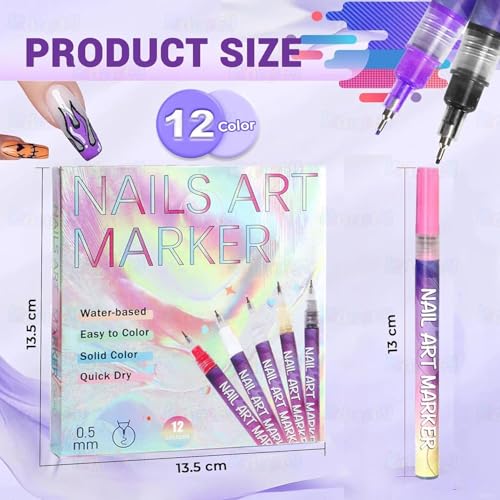 Image of Kidology 12 Colors DIY Nail Art Pens Set | 0.5mm Ultra Fine Nail Art Marker Pens | Quick Dry Waterproof Nail Polish Pens for DIY Nail Painting | Nail Art Kit for Women & Kids