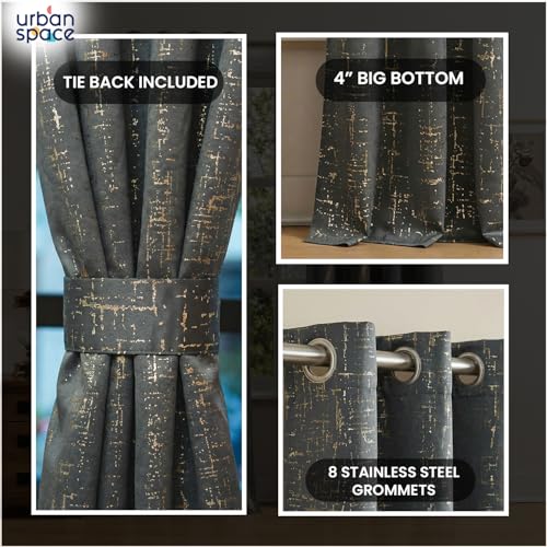 Image of Urban Space 80-85% True Blackout Curtains for Door, Gold Foil Printed Blackout Curtains, Decorative Door Curtain Eyelet with Tieback, 1 Piece Curtain for Living Room(Sparkle Dark Grey, 7 Feet)