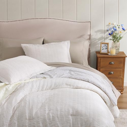 King Comforter Set - 7 Pieces Beige Gauze Muslin Bedding Sets for All Seasons, Lightweight Breathable Bed in a Bag King with Revesible Farmhouse Comforter, Sheets, Pillowcases & Shams