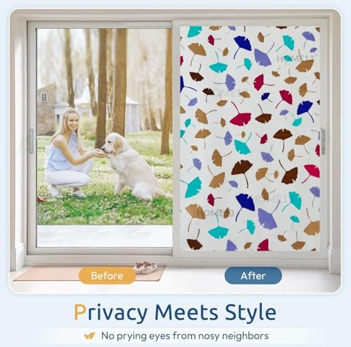 Image of HOME13 Window Privacy Film Frosted Glass Film Decorative Window Sticker Removable Window Film Home Office Privacy Film Window Coverings (Colord Leafs, 2 Feet by 8 Feet)