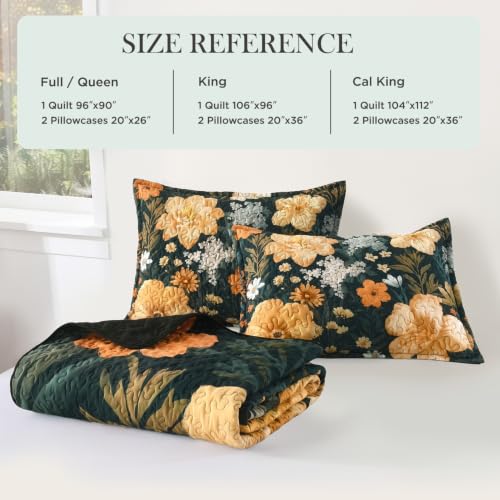 Image of Andency Floral Boho Queen Quilt Bedding Set Dark Green, 3 Pieces Farmhouse Flower Botanical Summer Bedspreads with 2 Shams, Soft Reversible Lightweight Polyester Coverlet Set for All Season, 90 inchx96 inch