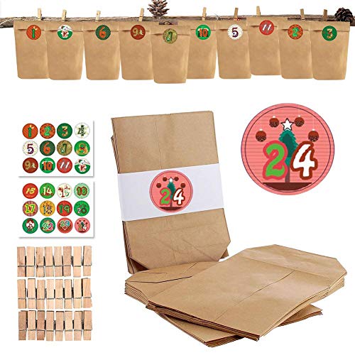 househome 24 pequeñas Bolsas de Papel marrón 9 5,5 18 cm + 24 Pegatinas Redondas de Navidad Embalaje Bolsas Bolsas de Navidad Bolsas de Papel