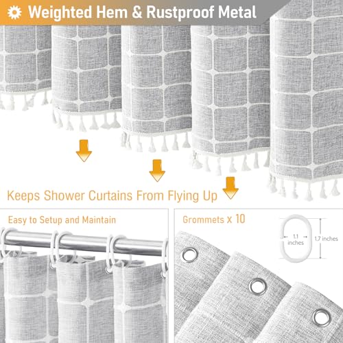 Image of BTTN Stall Shower Curtain - 60x84 Long Boho Farmhouse Linen Weighted Fabric Cloth Shower Curtain Set with 10 Plastic Hooks, Narrow Bohemian Country Decorative Shower Curtains for Bathroom - Grey /Gray