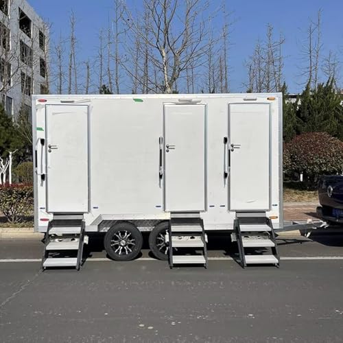 Luxury portable toilet trailer, equipped with shower, toilet, double sinks and temperature control system, spacious and ADA-compliant mobile bathroom with large-capacity water tank.