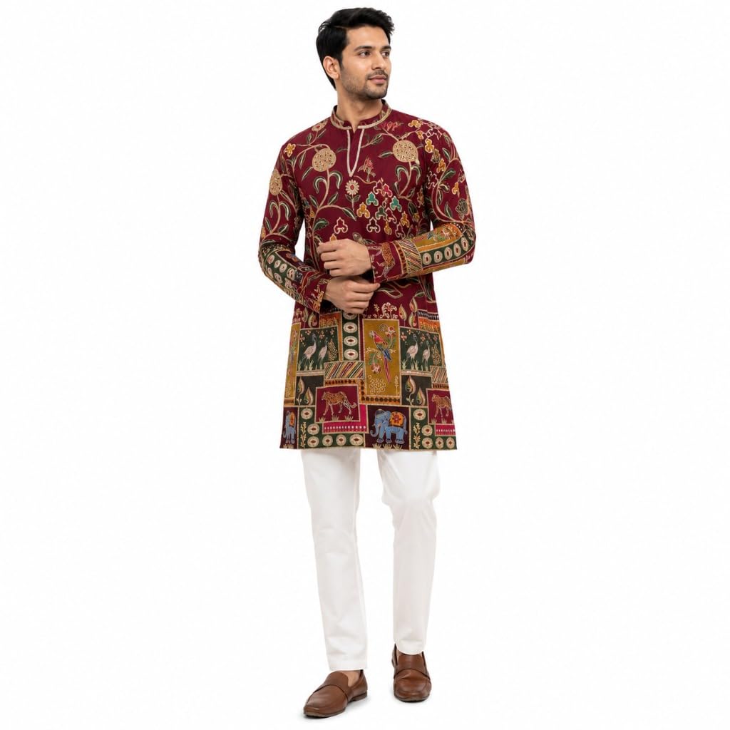 Mens Position Print Kurta Natural Crepe Fabric Sequence with Cording Embroidery Ethnic Festive Wedding Long Kurta Only-picture-47