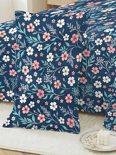 Image of RD TREND Premium Soft Cloud Cotton Floral Bedsheet for Double Bed | Size-90x90 Inches Queen Bedsheets with 2 Matching Pillow Covers (18x28 Inch) Midnight Blue