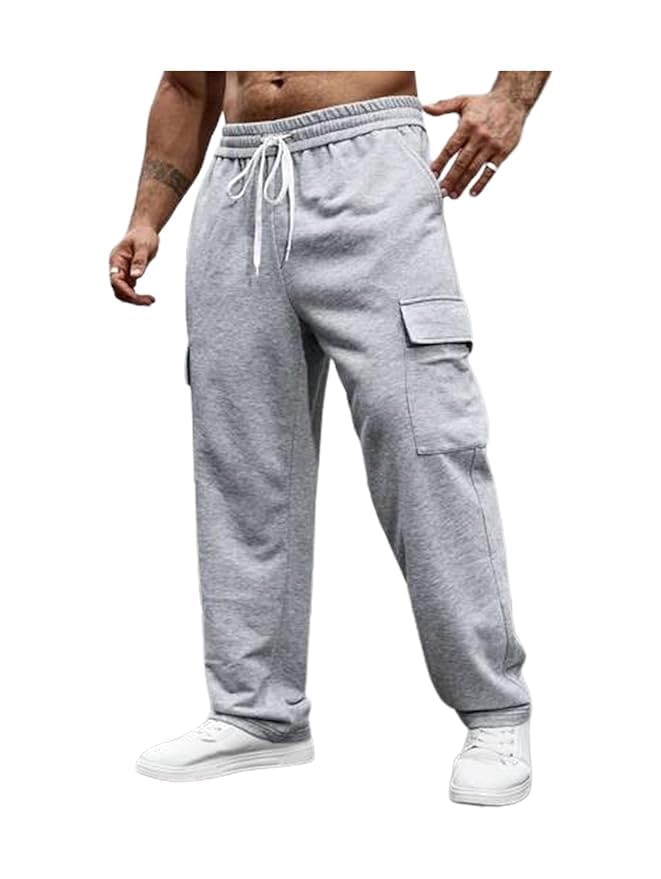 passion jump Men Cotton Blend Cargo Joggers | Relaxed Fit Drawstring Track Pants with Utility Pocket (Grey & Black)-picture-15