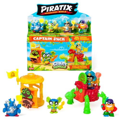 PIRATIX ADVENTURE WORLD Serie Crazy Jungle, Captain Pack Pharaonix – Incluye 4 Piratix, 1 capitán Dorado, 4 Accesorios neón, 1 Jaula, 1 cañón, 2 Tesoros exclusivos, 2 Banderas neón. Pack 4/6