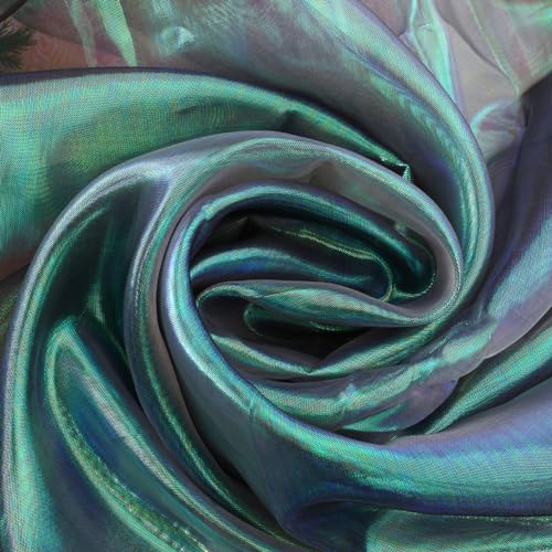 GORGECRAFT 3M Rainbow Laser Gradient Organza Iridescent Lace Voile Fabric Sheer 152cm Wide Metallic Holographic Gauze for Wedding Dress Curtain Background Photography(Medium Sea Green)