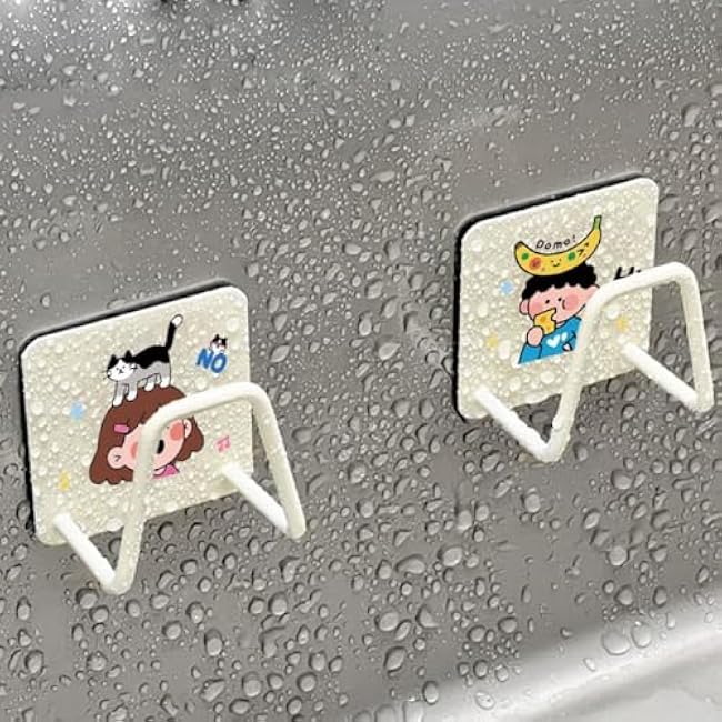 Cute Cartoon Sink Sponge Holder for Kitchen Sink, Adjustable Self Adhesive Stainless Steel Sponge Holder, Non-Trace Stick Sponge Caddy Organizer Storage Holder (Boy and Girl-4 pack)
