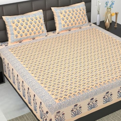 Image of Jaipur Weaves Jaipuri Double Bed Cotton Bedsheet Queen Size 90x85, 120 TC 100% Pure Cotton Bed Sheet with 2 Pillow Covers, Floral Traditional Print (Aqua, Queen)