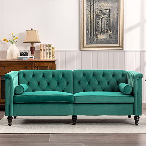 Ttgieet 76'' W Velvet Sofa Mid-Century Modern Love Seats, 3 Seater Sofa Couch With Two Bolster Pillows, Tufted Futon Sofa Furniture For Living Room Bedroom Office （Green） #TOP3
