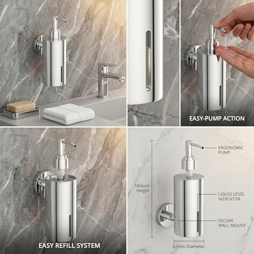 Image of Premium Wall Mounted Liquid Soap Dispenser - 304 Stainless Steel Holder with Frosted Glass Bottle | Rust-Proof Hand Wash Pump for Bathroom, Kitchen, & Wash Basin (Round 10CH)
