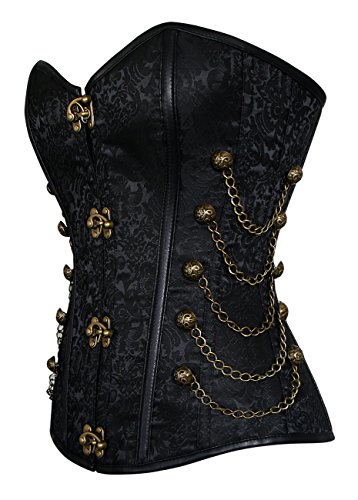 Image of Charmian Women's Steel Boned Steampunk Gothic Bustier Corset with Chains | Overbust Corset, Premium Brocade & Leather, Clasp Closure, Lace-up Back