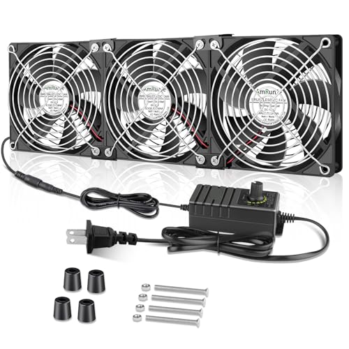 AmRunJe 3X 120mm Computer Fan with AC Plug 110V – 240V Small Dual-Ball Box Fans with Speed Controller 4V - 12V for DIY Bedroom Window Exhaust or Intake and Laptop Cooling Pad