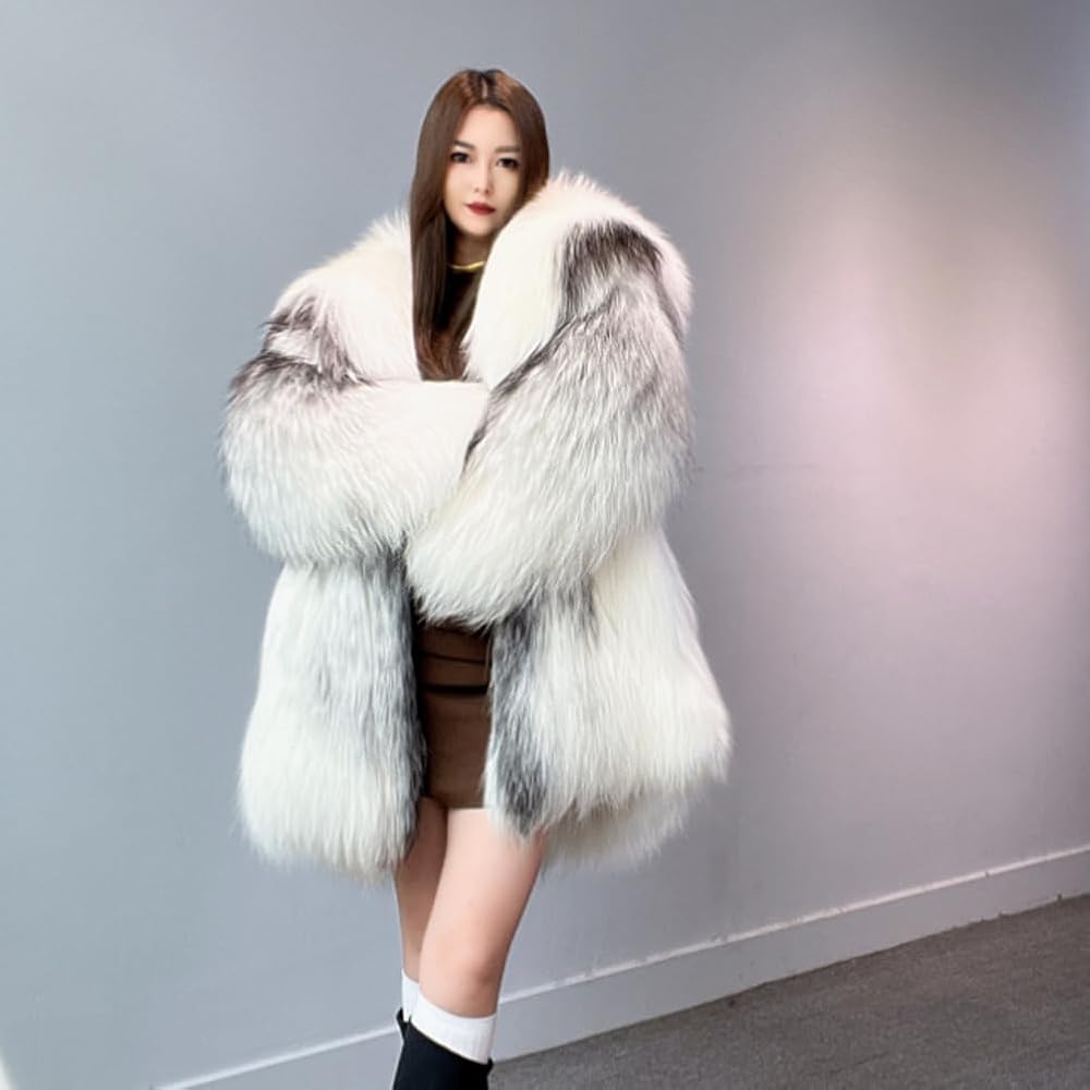 andwang アンドワン♥white mix fake fur coat Denny&Dora Women's Winter White Fox Fur Coat - Mid-Length Overcoat