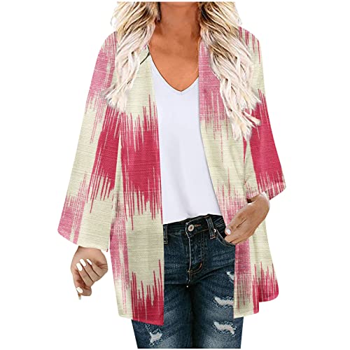 oelaio Women's Summer Cardigans 3/4 Sleeve 2023 Lightweight Cardigan Floral Print Short Sleeve Kimono Blouses Open Hot Pink