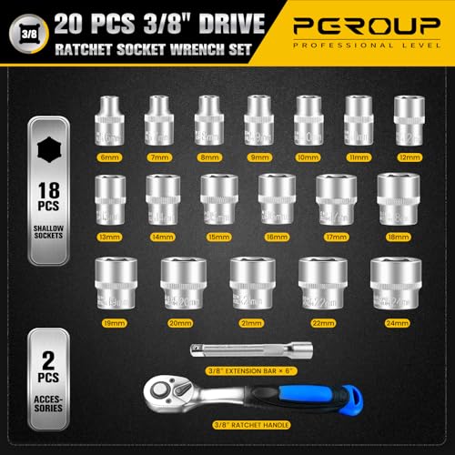 Image of 20PCS 3 /8 inch Drive Metric Socket Wrench Set, 90-Tooth Reversible Ratchet Handle,6 Point Shallow Sockets (6-24mm) and Extension Bar 6 inch, CR-V Steel, Tool Set For Car,Motorcycle,Bike Repair