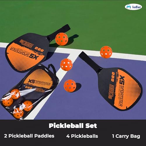 Image of FunBlast Pickle Ball Racket Set - 2 Premium Wood Rackets with 4 Balls & Portable Carry Bag, Ideal for Kids, Men & Women - Durable & Lightweight, Outdoor Activities (Orange)