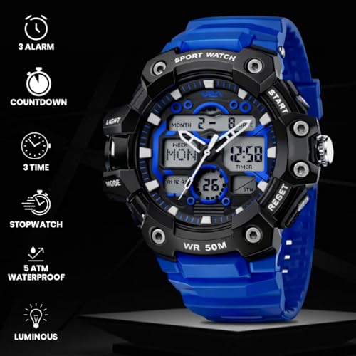 Image of V2A Stryke 53mm Analog Digital Sports Watch for Men | 3 Alarms & Countdown Timer | Layered Multi-Display Dial | Stopwatch, Dual Time, Day-Date | TPU Strap | 50M Water Resistant | Gift for Men