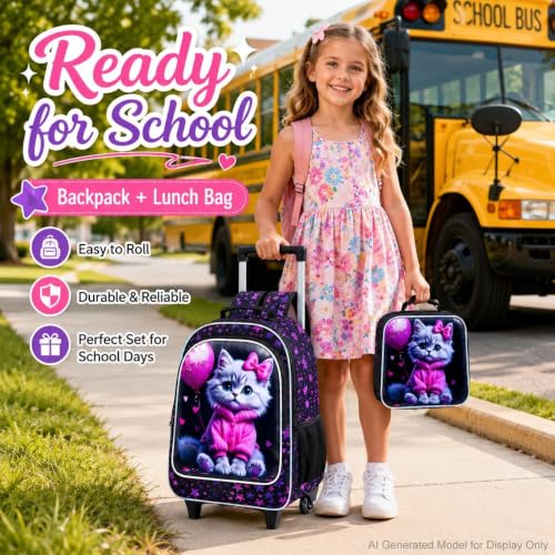 Image of CCJPX 3Pcs Cat Rolling Backpack for Girls, 18 inch Kids Wheeled Bookbag with Lunch Box, Lightweight Roller School Bag for Elementary Preschool (Black)