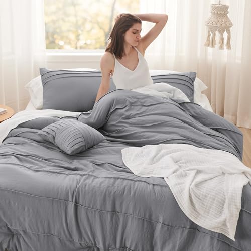 Image of Bedsure Full Comforter Set - 4 Pieces Pinch Pleat Bed Set, Grey Boho Bedding for All Season, 1 Soft Comforter, 2 Pillowcases, 1 Decorative Pillow