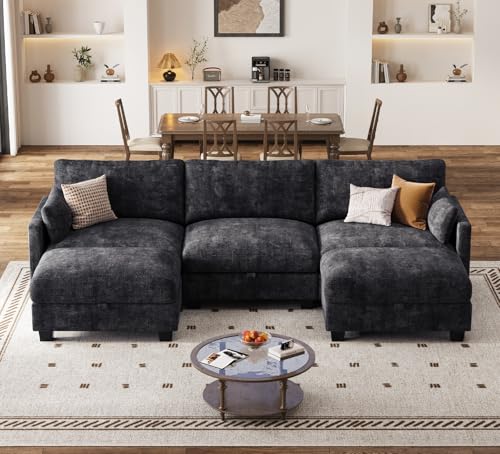 Image of Modular Sectional Sofa, 101 inch U Shaped Couch with Storage | High Resilience Foam, 22 inch Seat Depth, Movable Ottoman, Comfy Chenille, Easy Assembly, Black