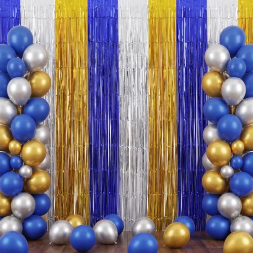 Image of TONIFUL 2Pcs Blue Silver Gold Metallic Tinsel Foil Fringe Curtain Streamers | 3.3ftx6.6ft Photo Booth Backdrop Door Streamer, Props for New Year Eve Birthday Graduation Retirement 80s 90s Party Decor