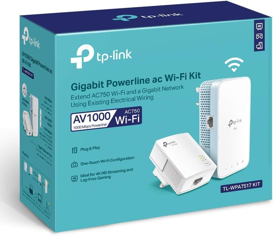 Powerline WiFi Extender (TL-WPA7517KIT) - AV1000 Powerline Ethernet Adapter with Dual Band WiFi, OneMesh, Gigabit Port, Ethernet Over Power, Plug & Play